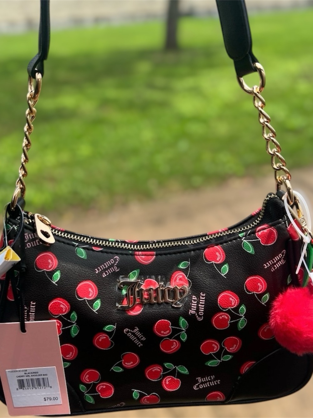 Juicy Couture Black Cherry Print Shoulder Bag with Gold Chain